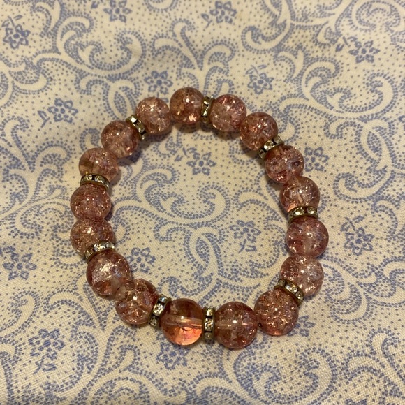 Crackled pink beads and clear rhinestone bracelet. Stretchy. - Picture 2 of 3